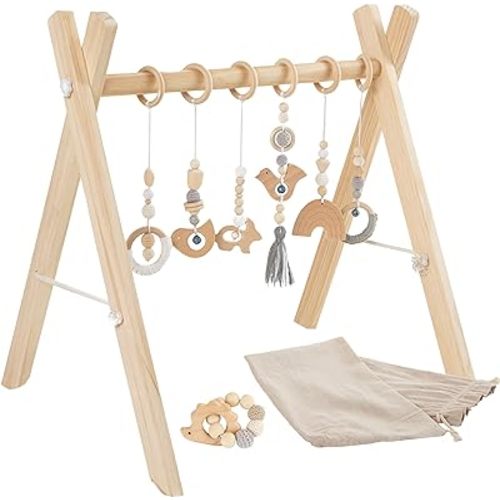 Wooden Baby Play Gym with 7 Toys - 6 Hanging Toys and 1 Teether Bracelet with Travel Canvas Bag - Wooden Play Gym Baby Gym Activity Center Wood Play Gym Infant Activity Gym 0-6 Months