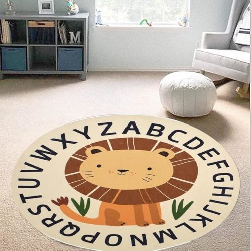 Kid Rugs Animal Play Rug 39.4" Round Lion Play Mat Soft Alphabet Educational Area Rug Nonslip Circle Baby Crawling Mat for Boys Girls Carpet for Kids Playroom Nursery