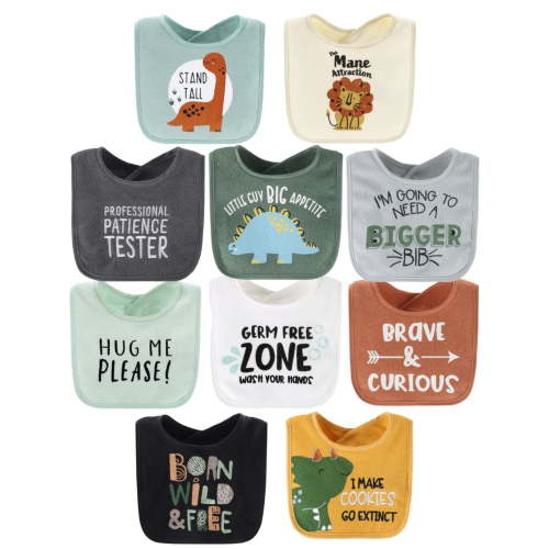 The Peanutshell Dino Boy Terry Feeding Bibs, 10 Pack, Velcro Closure, for Infants and Toddlers
