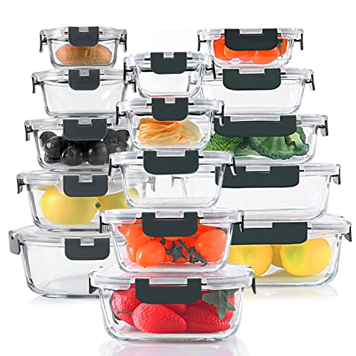 KOMUEE 30 Pieces Glass Food Storage Containers Set, Glass Meal Prep Containers Set with Snap Locking Lids, Airtight Glass lunch Containers for Microwave, Oven, Freezer & Dishwasher,Gray