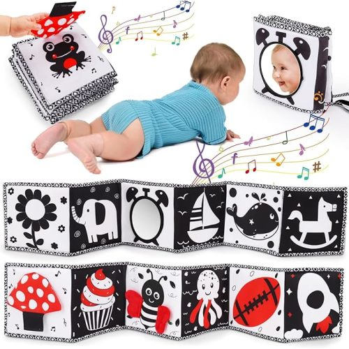 Black and White High Contrast Toys for Baby 0-3 3-6 Months Infant Tummy Time Soft Book Sensory Musical Toy 0-2-4-6 Month Babies Brain Development Montessori Crinkle Book Mirror Newborn Shower Gifts