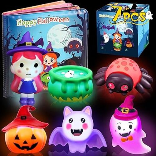 Halloween Light Up Bath Toys for Toddlers Kids, 7PCS No Hole Bath Toys with Magic Book, Witch,Cauldron,Bat, Ghost, Pumpkin, Spider, Halloween Party Favors Treat Bags Gift for Boys Girls Ages 3+