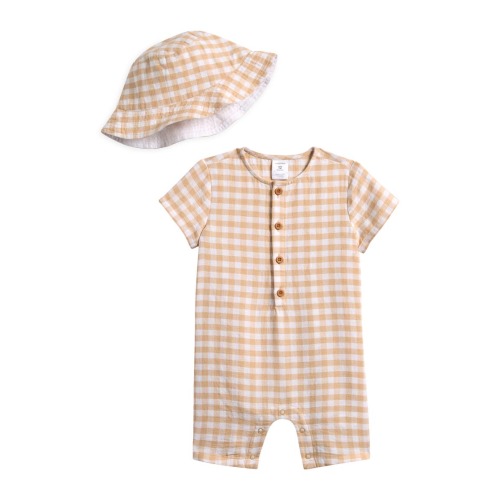Nordstrom Cotton Henley Romper & Hat Set - Tan Shore Gingham, 3m