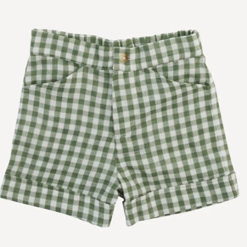 cuffed pocket short | green gingham | organic cotton gauze 3-6m