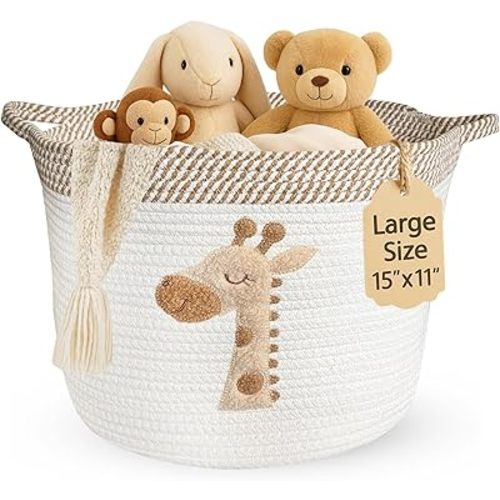 Giraffe Storage Basket for Nursery – Large 15”x11” Cotton Rope Bin with Soft Felt Animal Patch – Toy Organizer, Baby Laundry Hamper, Diaper & Towel Holder – Foldable, Washable & Baby-Safe