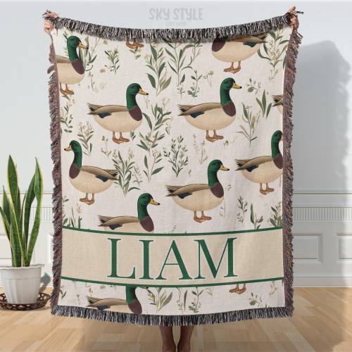 Personalized Mallard Duck Baby Blanket Gift, Hunting Nursery Decor Custom Name Woven Blanket Personalized Mallard Duck Nursery Crib Blanket