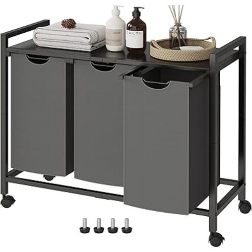 Laundry Hamper, Laundry Basket, Laundry Sorter with 2 Pull-Out and Removable Bags, Shelf, Laundry Room Storage with Table, for Bathroom, Bedroom, 3 x 10.5 Gal (40L), Grey