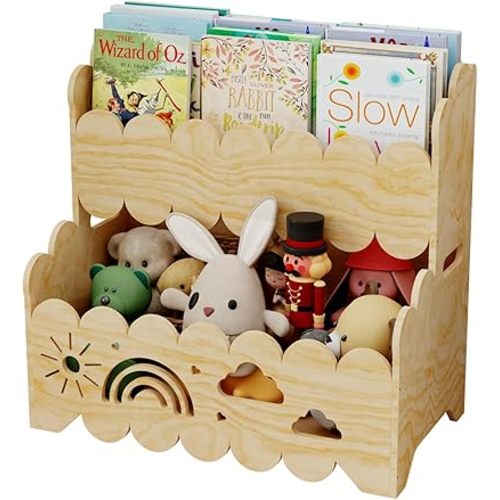 Wood 2-Tier Kids Bookshelf, Montessori Bookshelf, Suitable Kids Rooms, Nursery & Classroom, kidss Bookshelfs and Toy Storage, Toddler Book Rack, Nursery Book Shelves