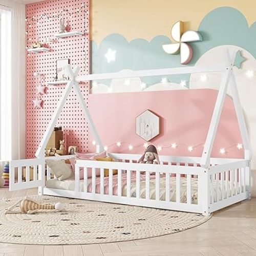 Full House Bed Frame with Fence Rails and Door,Wood Montessori Floor Bed with Slats Support,Teepee Tent Beds Kids Bed Frames for Girls Boys, White