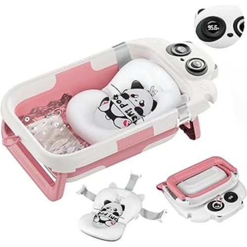 Collapsible Baby Bathtub for Newborn to Toddler (0-24 Months), Portable Baby Bath Tub for Travel, Newborn Bathtub with Soft and Supportive Cushion (Panda-Pink)