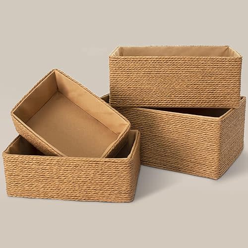 Recycled Wicker Storage Basket, Paper Rope Storage Baskets for Organizing Container Bins for Shelves Cupboards Drawer, Small Woven Basket Set of 4