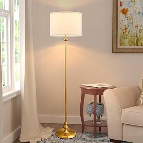 60" Gold Floor Lamp, Standing Lamp for Living Room, Bedroom, Office & Dining Room - Tall Corner Floor Lamps with Pull Chain Switch, Soft Lighting Farmhouse Design - Modern Floor Lamp (Bulb Included)