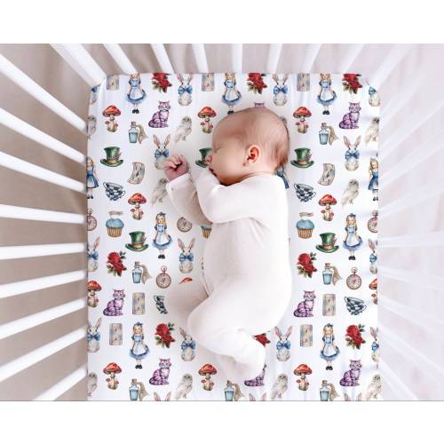 Alice In Wonderland Standard Fitted Crib Sheet, Baby Gift, Alice In Wonderland Nursery, Fairytale Nursery, Baby Shower Gift, MINI Crib Sheet