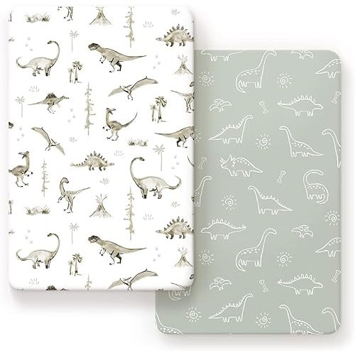GRSSDER Pack n Play Sheets Fitted 2 Pack, Stretchy Ultra Soft Pack and Play Sheets, Universal Fitted Portable/Mini Crib Mattresses Snug and Safe, Jersey Crib Sheets for Boys, Dinosaurs