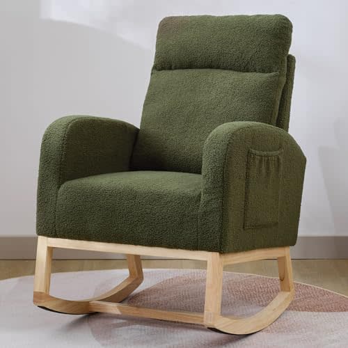 Krinana Nursery Rocking Chair with Solid Wood Legs, Glider Chair for Nursery with Two Side Pockets, Rocker Armchair for Living Room Bedroom (Dark Green, Teddy Fabric)