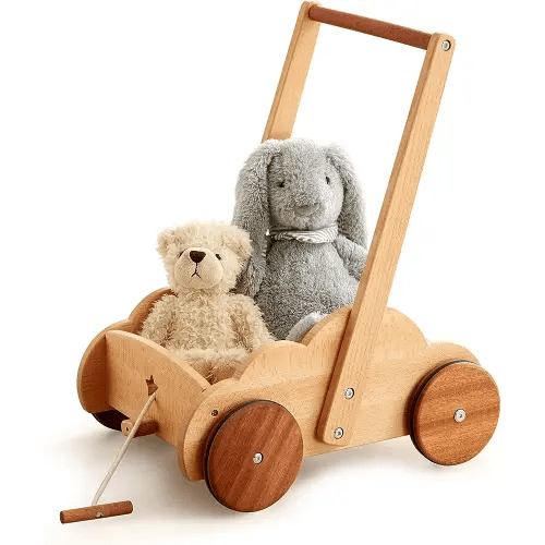 Beright Wooden Baby Walker Push Toy, Learning Educational Walking Toys for Babys Toddles, Adjustable Speed & Height, Natural Beech, not with Building Blocks