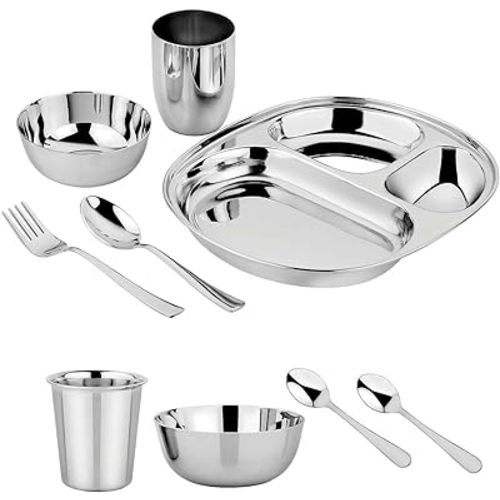 Ahimsa Stainless Steel Dine & Develop 9 Piece Dish Set | Divided Plate + 8 Ounce Cup + 4 Ounce Cup + 8 Ounce Bowl + Fork + Spoon + 2 Baby Spoons | Toddler Dishware | 100% BPA Free (Classic Stainless)
