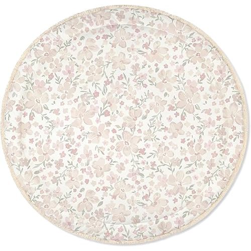 MakeMake Organics Organic Play Mat GOTS Certified Organic Cotton Nursery Floor Rug Washable Reversible Non Toxic Activity Mat Tummy Time Crawling Pad Thick Quilted (Round 48", Blossom)