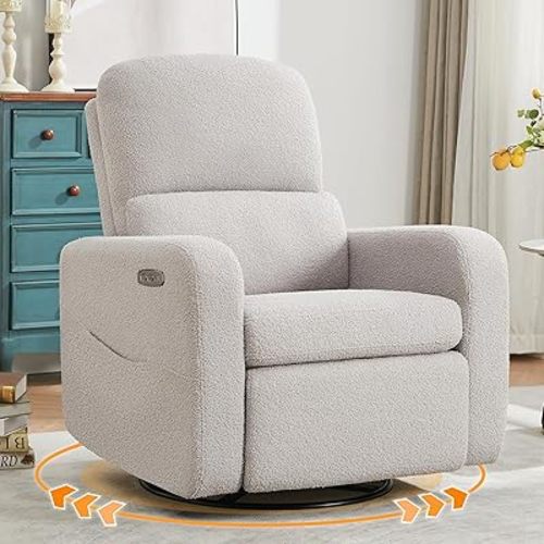 Swivel Rocker Recliner, Oversized Power Recliner Glider with Removable Cushion, Upholstered Boucle Swivel Reclining Nursery Chairs for Living Room Bedroom, Teddy Grey