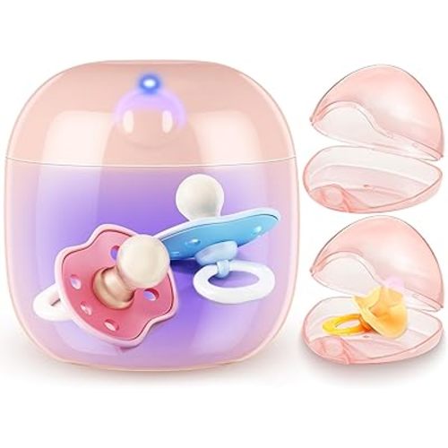 Qualirey Portable Pacifier Disinfection with 2 Pacifier Holder Cases, USB Rechargeable Mini UV Light Disinfection and Pacifier Container Set for Travel, 99.99% Disinfection in 3 Mins(Pink)