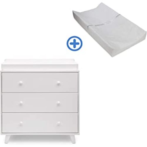 Delta Children Ava 3 Drawer Dresser with Changing Top, White and Contoured Changing Pad, White