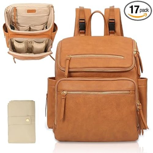 Omanmoli Diaper Bag Backpack Large Baby Diaper Bag Leather with 17 Diaper Bag Organizing Pouches,Changing Pad,Stroller Straps,4 Insulated Pockets,Honey