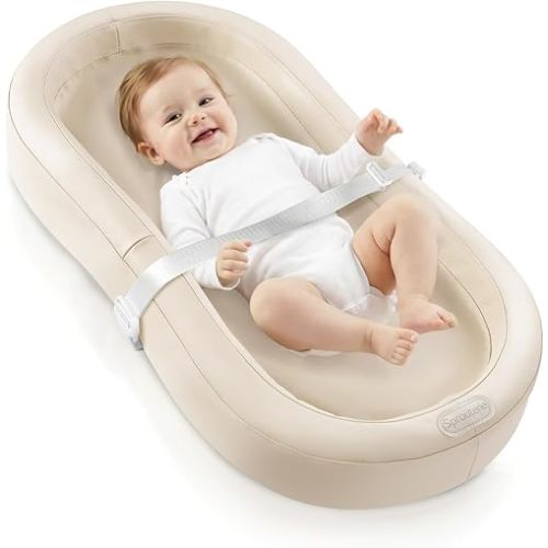 Baby Changing Pad with Wipeable & Waterproof PU Cover, Contoured Diaper Changing Pad for Dresser with Non-Slip Safety Belt & Bottom, Portable, Lightweight (Oatmeal)