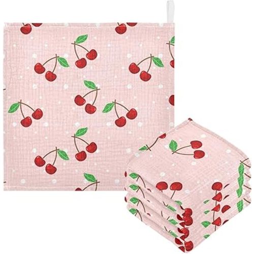 Cherry Muslin Baby Hand Washcloths, Soft Cotton Bath Face Towel, 4 Layers Extra Absorbent Feeding Burp Cloth for Newborn Infant, 5 Pack