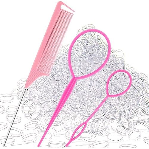 1000Pcs Hair Rubber Bands, Soft Small Hair Elastics for Girls and Women, 2pcs Topsy Tail Tools, 1 Rat Tail Comb, Pink Schembo