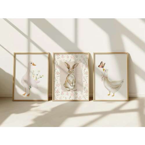 Vintage Coquette Nursery Print Set of Three Animal Kids Room Decor, Baby Girl Bunny and Goose Nursery, Kids Room Wall Art Print Set of 3