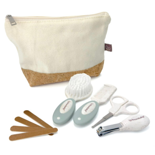 Dreambaby Neat & Tidy 9pc Wheatgrass Baby Grooming Kit - Eco-Friendly Baby Care Kit with Cotton & Cork Travel Bag - Soft Brush, Comb, Safety Scissors, Nail Clippers