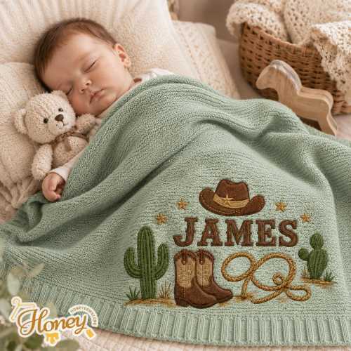 Personalized Cowboy Baby Blanket, Western Nursery Decor, Custom Name Infant Throw, Country Baby Blanket, Baby Shower Gift