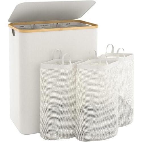 Laundry Basket with Lid, 145L Extra Large Laundry Hamper 3 Section Dirty Clothes Hampers for Laundry with Removable Laundry Bags, Laundry Sorter for Bedroom, Laundry Room, Beige