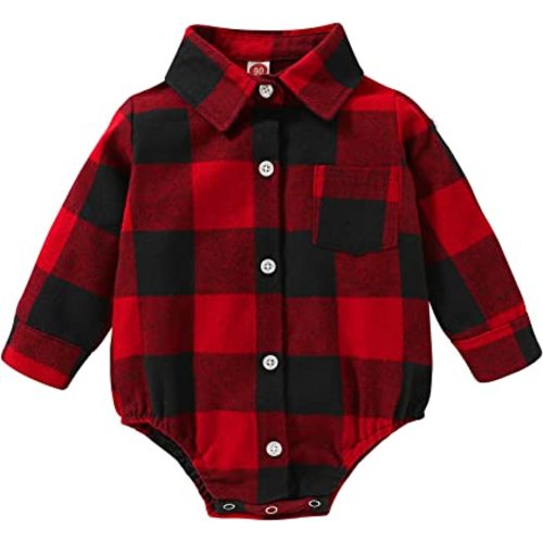 HAPPYMA Newborn Baby Boy Girls Plaid Outfit Flannel Romper Tops Infant Long Sleeve Button Down Plaid Casual Bodysuit Clothes
