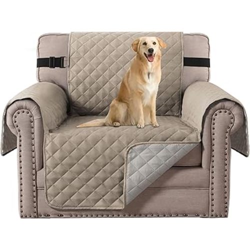 H.VERSAILTEX Reversible Quilted Chair Cover Washable Couch Covers for Dogs Water Resistant Furniture Covers with Elastic Strap Pet Chair Cover for Furniture(Armchair, Khaki/Beige)
