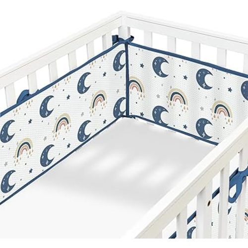 Breathable Mesh Liner for Full-Size Cribs, Long Mesh (Size Covers 3 or 4 Sides) (Star Rainbow)