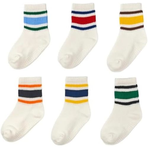 Non-Slip Toddler Grip Socks with Anti Skid Soles,Unisex Cotton Crew Ankle Socks for Baby Boys Girls Kids 6 Pairs