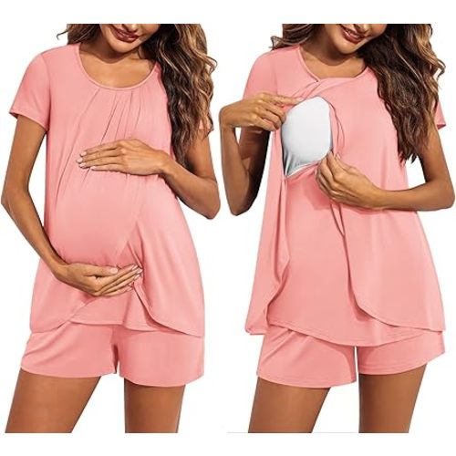 Ekouaer Women's Maternity Nursing Pajamas Set Breastfeeding Sleepwear Double Layer Short Sleeve Top & Shorts Nursing Pjs
