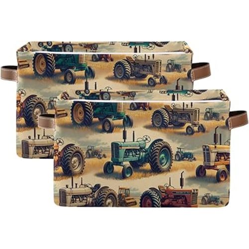 Storage Basket Vintage Farm Tractors Closet Storage Bin Cube Organizer Baskets for Shelves Organizing 2PCS