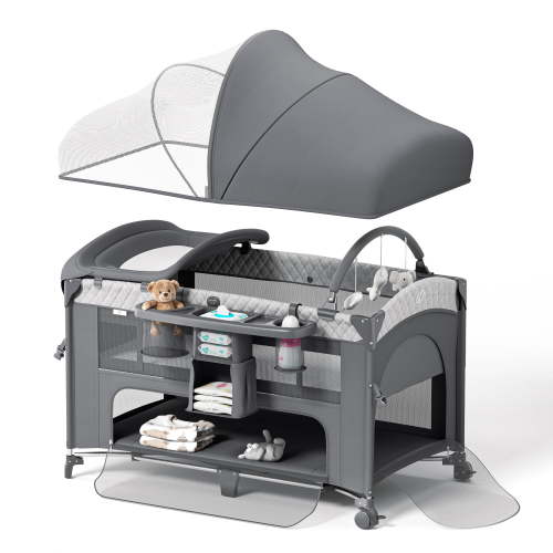 Babyomi 4 in 1 Baby Bassinet with Diaper Changer, Long Next to Bed Crib with Mattress,Height Adjustable,Pack and Play,Bedside Crib Sleeper, Gray