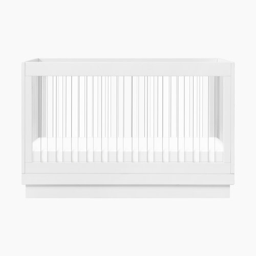 babyletto Harlow Acrylic 3-in-1 Convertible Crib with Toddler Bed Conversion Kit - White With White Base And Acrylic Slats