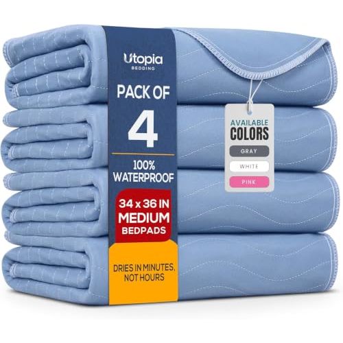 4 Pack Waterproof Reusable Heavy Absorbency Incontinence Bed Pads 34"x36" | Utopia Bedding Washable Underpads, Chuck Pads for Adults, Kids, Elderly and Pets, Bedwetting Pads for Sofa and Couch, Blue