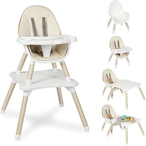 Baby Highchair,6 in 1 High Chairs for Babies and Toddler Baby Feeding Chair Coverts to HighChair for Baby, Kids Learning Table,Building Block Table,Kids Stool Removable Tray & Safety Harness(Beige)