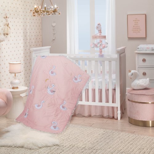 Signature Swan Princess Pink Sateen 3-Piece Baby Crib Bedding Set