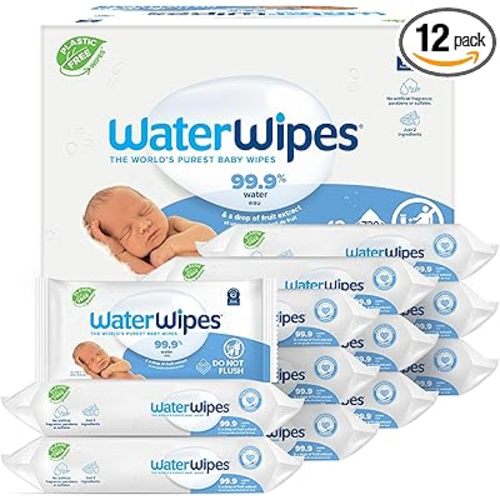 WaterWipes Plastic-Free Original Baby Wipes, 99.9% Water Based Wipes, Unscented & Hypoallergenic for Sensitive Skin, 60 Count (Pack of 12), Packaging May Vary