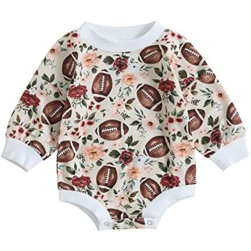 Karuedoo Baby Boy Girl Football Sweatshirt Bubble Romper Oversized Sweater Romper Long Sleeve Bodysuit Outfit Fall Clothes