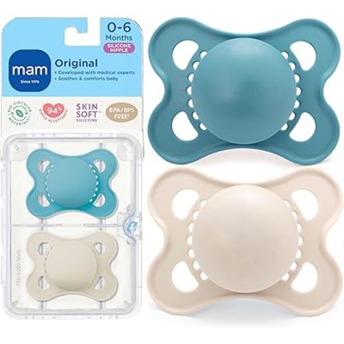 MAM Original Matte Baby Pacifiers 0-6 Months, Binky for Newborn Babies, BPA-Free Skin Soft Silicone Nipple, Easy to Clean, Developed with Medical Experts, 2 Count, With Sterilizer Case, Made in Europe