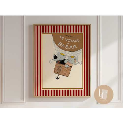 Babar the elephant le voyage hot air nursery wall art retro kids decor quote wall art genre neutral baby wall art illustration nursery print