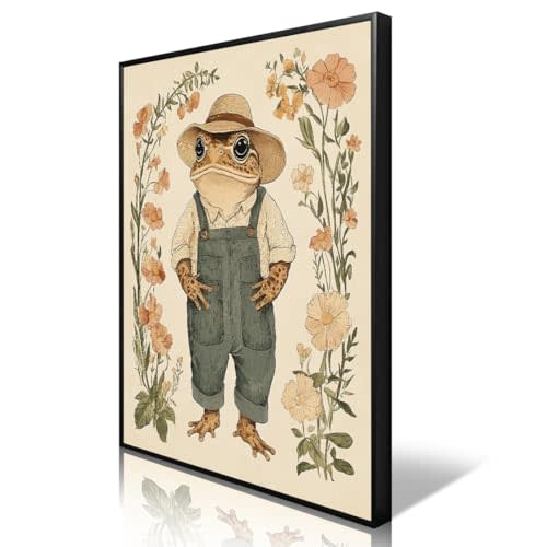 Nursery Animal Canvas Wall Art, Toad In Overalls Poster, Rustic Frog and Wild Flowers Painting, Cozy Folk Art Print, Farmhouse Animal Botanical Floral Painting for Kids Room 12x16in Unframed