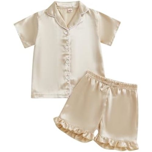 Toddler Kids Girl Silk Pajamas Baby Short Sleeve Button Down Satin Silk Pjs Sleepwear Loungwear Clothes Shorts Set